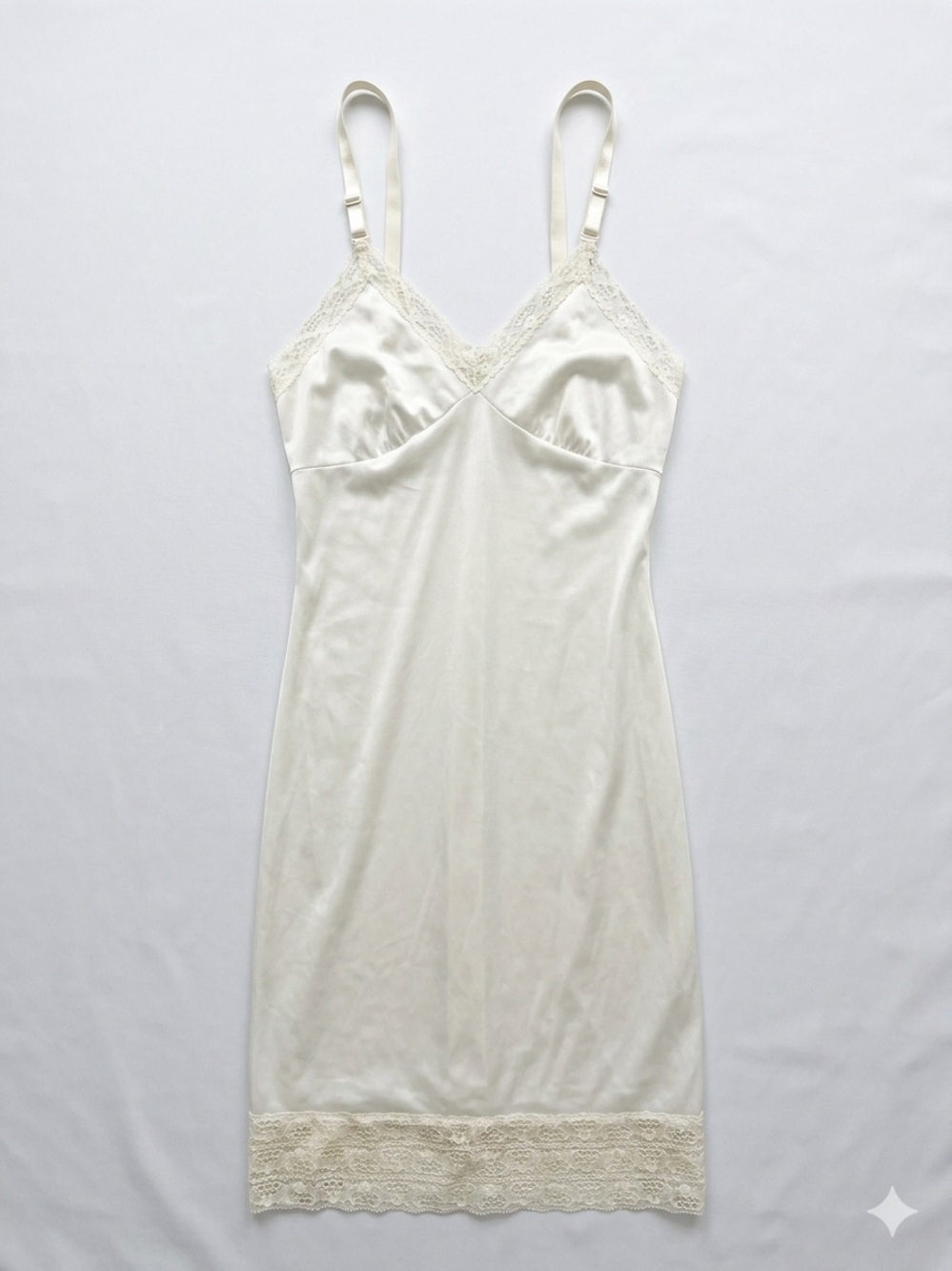 Vintage 70s Opaline White Lace Trim Full Slip Dress Size 38 Antron III Nylon